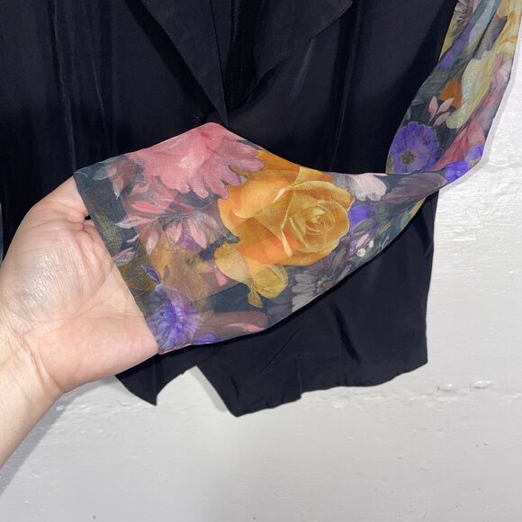 Vintage Pink Sequin Shoulder Floral Sleeve Blazer Black Sheer 80s Wrapper USA - Picture 6 of 10